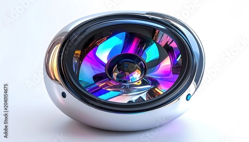 A shiny, metallic orb speaker with vibrant, multi-colored internal reflections