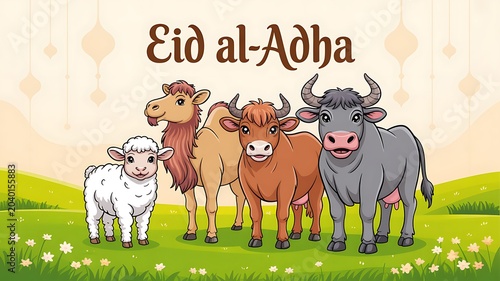 Cartoon illustration of various farm animals including a sheep camel and cows for Eid alAdha celebration