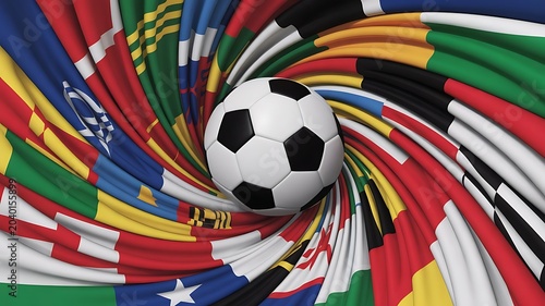 A soccer ball is surrounded by a swirling vortex of international flags representing global sport and competition
