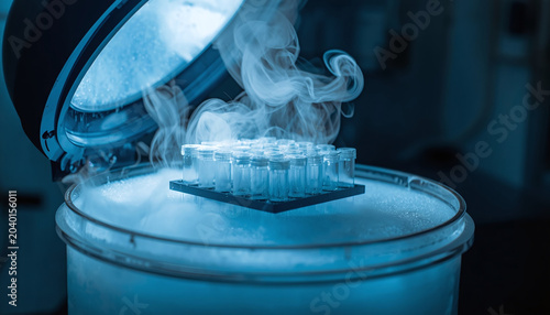 An open liquid nitrogen dewar containing a rack of cryovials, white vapor rising from the liquid, vials frosted, vapor swirling, dim light with vapor glow, cell culture lab with cryo freezer, drug