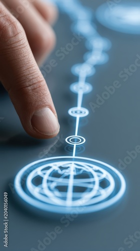 Close-up of a finger tracing a pathway on a glass table. A glowing blue vertical line of network nodes follows the path, ending in a large globe icon. Clean, modern, high key