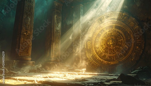Ancient ruins scene, a golden disc illuminated by sunbeams in a shadowy, aged temple