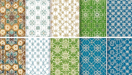 Assorted vibrant patterned backgrounds with floral, geometric, and arabesque designs