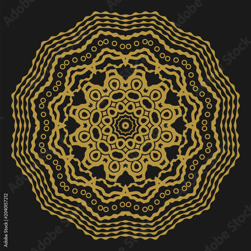 A gold mandala on a black background. Design for decorating a scarf, tablecloth, blanket, bandana or other items. Vector illustration