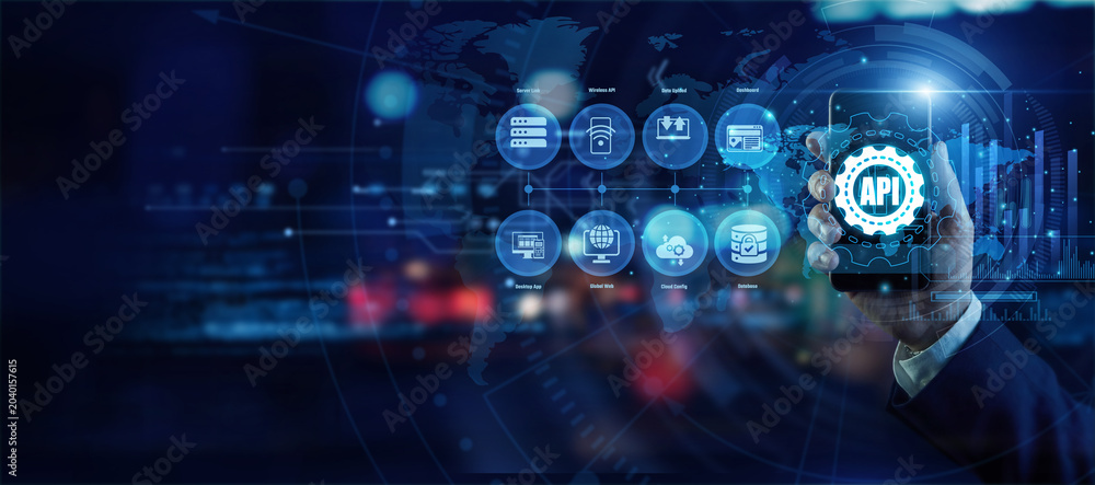Fototapeta premium Software expert holding a mobile phone analyzing global API connection data on a holographic world map. Futuristic technology, secure network connections, and advanced data visualization.