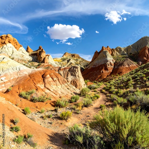 Dramatic desert rock formations under bright sky.