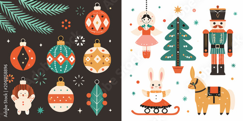Retro Christmas Ornaments And Figures Flat Vector Illustration