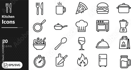 Fotografia Set of 20 outline icons related to cooking, kitchen