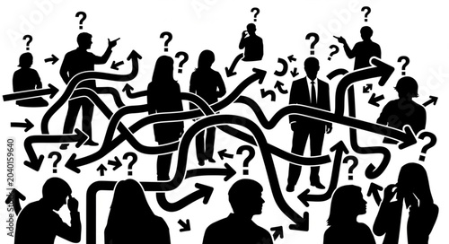 Bild auf Leinwand Confused people with question marks and arrows showing different directions