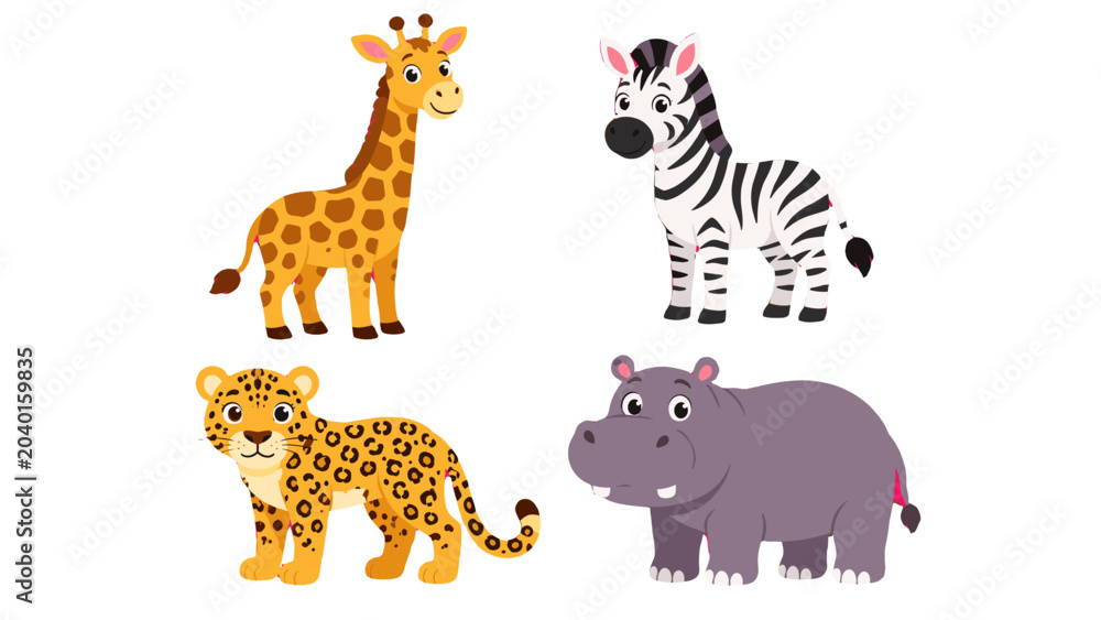 Fototapeta premium Cute cartoon safari animals set with giraffe zebra leopard and hippo