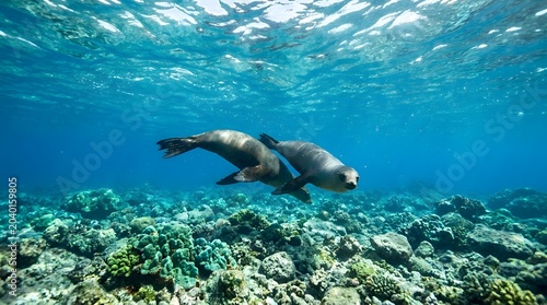 Sea lions swimming together through clear blue ocean water over a vibrant coral reef environment with bright sunlight filtering from the surface in a wide underwater nature shot