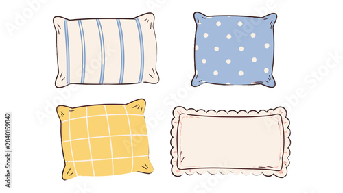 Hand drawn decorative pillow set with striped, dotted and plaid cushions