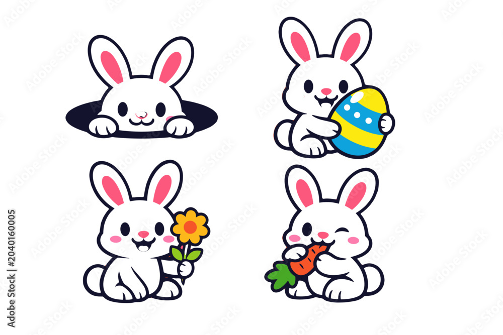 Obraz premium Cute white bunny character set with egg, flower, and carrot