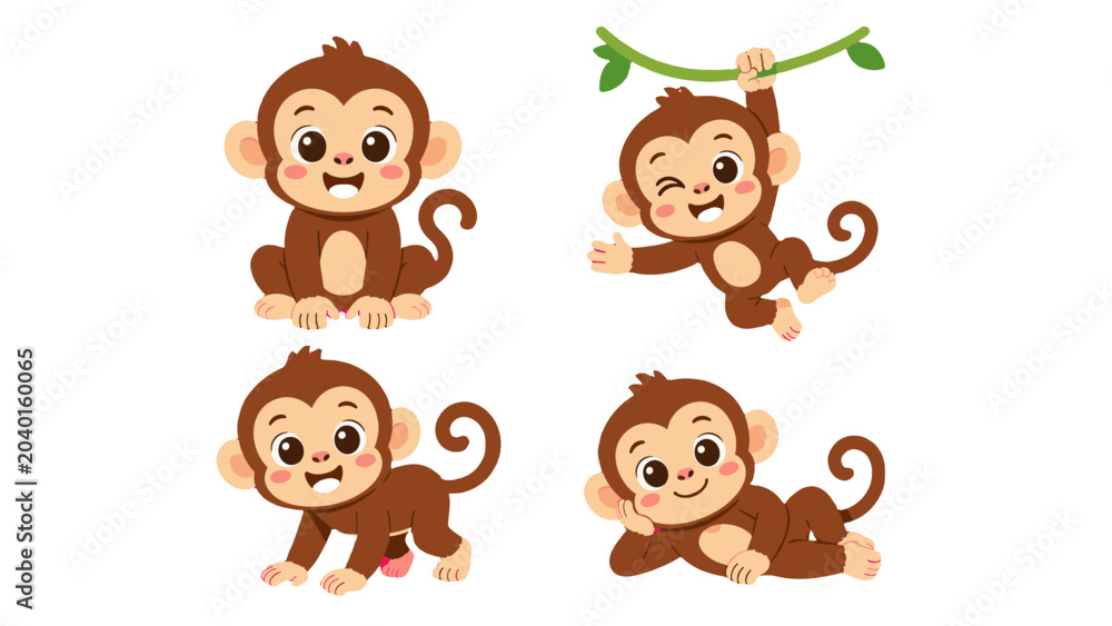 Obraz premium Cute cartoon monkey characters in four different poses