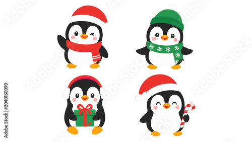 Set of cute penguins wearing winter hats and scarves