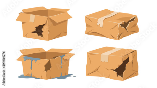 Vászonkép Set of damaged cardboard boxes with tears dents and water leaks