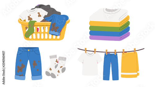 Foto Dirty and clean laundry clothing set with basket and drying line