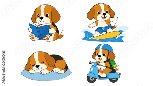 Canvas Print Cute beagle puppy cartoon set reading surfing sleeping and riding