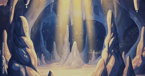 Mystical Cave with Stalactites and Light Beams.