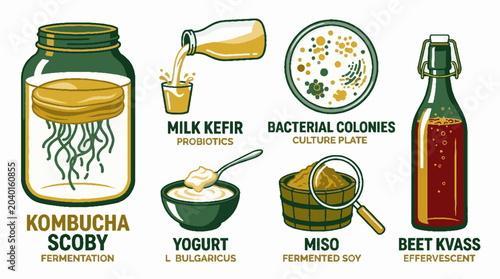 Fermented food and probiotic culture vector illustration set featuring kombucha scoby milk kefir bacterial colonies yogurt miso and beet kvass