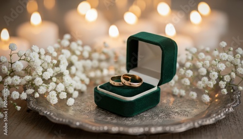 Wedding Rings In Green Velvet Box With Candles And Baby Breath Flowers