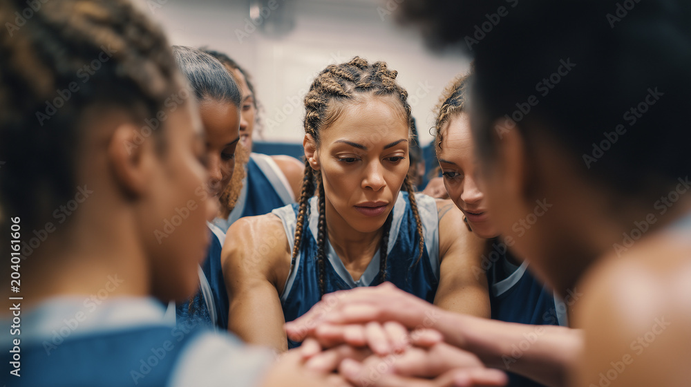 Obraz premium Focused female basketball team joining hands before game in locker room atmosphere perfect for motivation teamwork and sports leadership campaigns