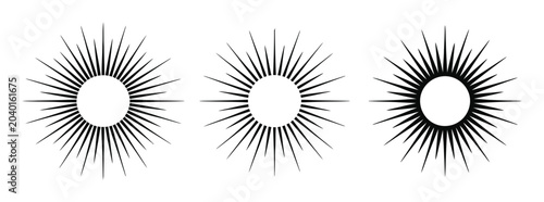 Three stylized sunbursts or starbursts in a row, black and white