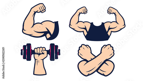 Foto Set of muscular arm and dumbbell fitness vector illustrations