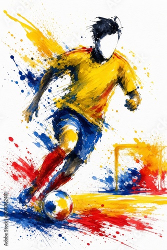 Colombia national football team wallpaper, banner, poster, background. Colombia national team colors on dynamic soccer player kicking a ball with watercolor paint splatters