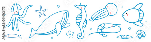Photography Vector illustration of cute marine animals like squid, whale, and seahorse