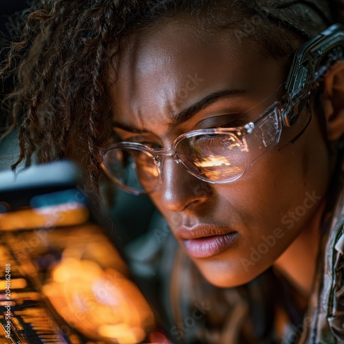 Close-up of a focused person wearing a futuristic earpiece and looking at a tablet, having a natural conversation with an AI assistant whose interface is on the screen