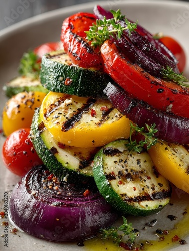 Appetizing grilled vegetables, including zucchini, bell peppers, eggplant, cherry tomatoes, and red onion, featuring lightly charred marks and a juicy texture with a natural olive oil gloss.