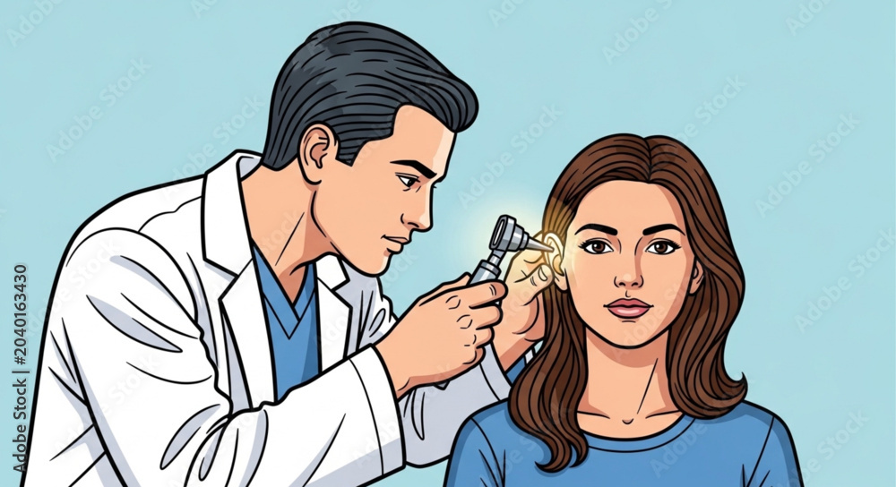 Fototapeta premium Doctor examining a young womans ear with an otoscope.