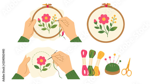 Photos Hands embroidering floral pattern with hoop and sewing tools