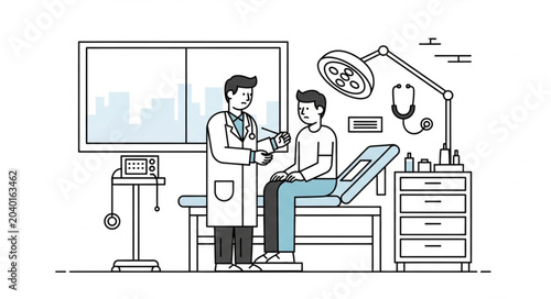 Doctor examining patient in medical examination room illustration.
