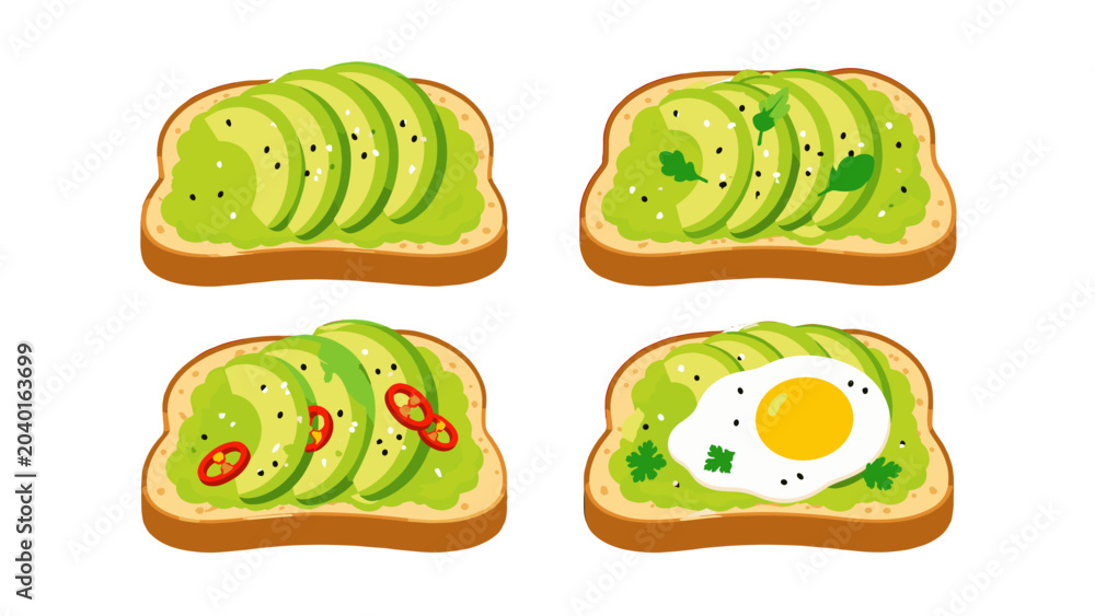 Obraz premium Set of avocado toast variations with herbs chili and egg