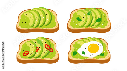 Bild auf Leinwand Set of avocado toast variations with herbs chili and egg