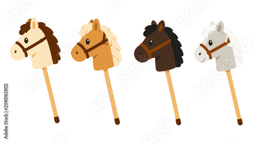 Foto Set of hobby horse stick toys with different horse head colors
