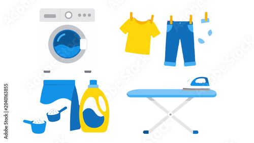 Foto Laundry household items with washing machine and ironing board