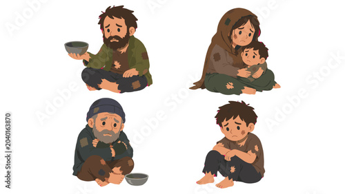 Fotografie Cartoon set of poor homeless adults and children sitting