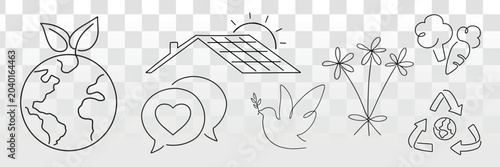 Fotografie Eco-friendly vector icons: Earth, solar panel, dove, flowers, and recycling symbols