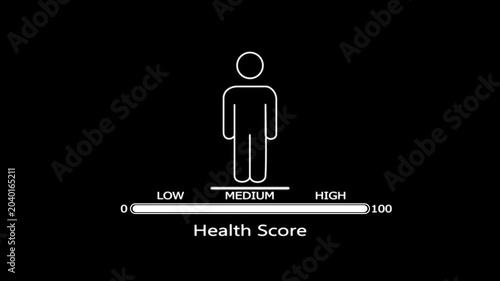 White line of a human figure with a health score scale showing a medium level against a solid black background