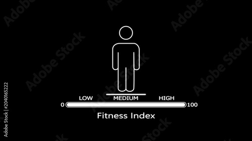 White line of a human figure with a fitness index scale showing a medium level against a solid black background