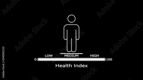 White line of a human figure with a progress bar labeled health index on a black background