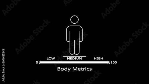 White line of a human figure with a progress bar labeled body metrics on a black background
