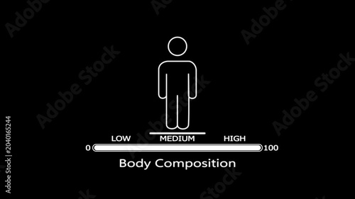 White line of a human figure with a progress bar labeled body composition on a black background