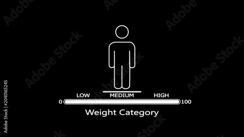 White line of a human figure with a progress bar labeled weight category on a black background
