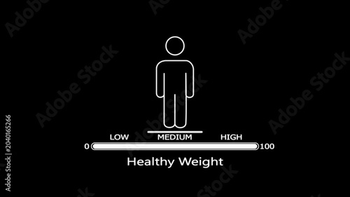White line of a human figure with a progress bar labeled healthy weight on a black background