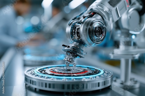 Close-up of a futuristic robotic arm on a stand, performing a precise, repetitive manufacturing task on a clean assembly line, blurred human background