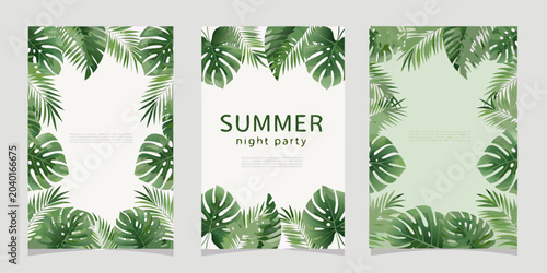 Tropical leaf ornament pattern on light green summer invitation templates